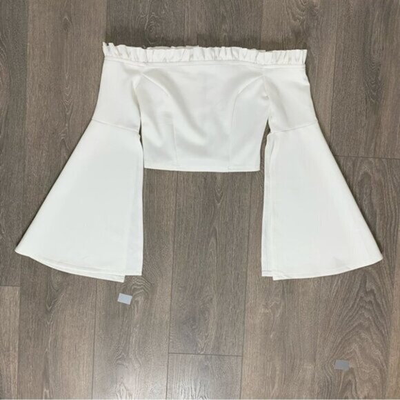 Women's Essue Top Blouse Off Shoulder Split Wide Flare Sleeve Cropped Off White - Picture 6 of 14